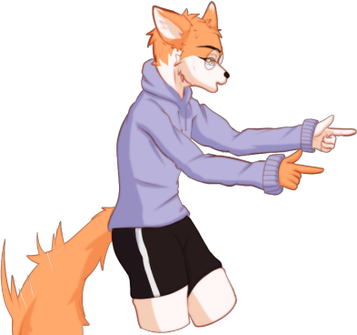 My fursona, a fox wearing a purple hoodie, doing fingerguns to the text