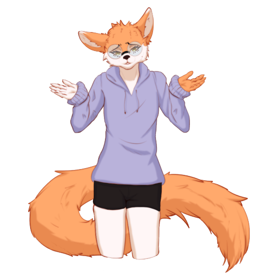 My fursona, a fox wearing a purple hoodie, shrugging